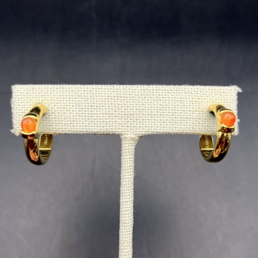 Monet Hoop Clip On Earrings Gold Tone Orange Glass Small Hoops Classic Vintage